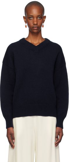 Oversized 5-gauge knit RWS-certified wool sweater. · Rib-knit V-neck, hem, and cuffs · Dropped shoulders Supplier color: Navy Sweater Oversize, Wool Sweater, V Neck Sweater, Wool Sweaters, Vneck Sweater, Drop Shoulder, Neck Sweater, The Uk, Rib Knit