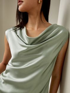 Minimalist Design Cowlneck Sleeveless Blouse | Must-Have Silk Tops Green Silk Top, Cowl Neck Shirt, Wide Leg Jeans Cropped, Blouse Man, Silk Bedding Set, Tailored Clothes, Silk Press, Cowl Neck Top, Leopard Print Blouse