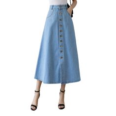 Redefine '90s trendy with our unique stonewashed, long, high-rise denim skirt from the 2023 Spring-Summer Collection!Why You'll Fall In Love: Iconic Throwback: Enjoy a blast from the past with this denim skirt, a perfect combination of ageless and trendy. Vintage Style: Its long, high-waisted fit and stonewashed finish exude old-world charm. Comfortable & Versatile: Whether you're out for a stroll or dancing the night away, you'll be sure to stay unfussy in this denim skirt. Timeless Appeal: Its Trendy Full-length Dark Wash Denim Skirt, Chic Full-length Denim Blue Skirt, Vintage High-waisted Dark Wash Denim Skirt, Denim Blue Skirt With Pockets, Relaxed Fit, Full-length Denim Blue Cotton Skirt, High Rise Denim Skirt, Flared Denim Skirt, Denim Skirts Online, Womens Denim Skirts