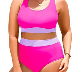 Aqua Eve Plus Size Two Piece High Waisted Bikini Swimsuit. Fabric Type: 85% Polyester, 15% Spandex; Closure Type: Elastic; Top Style: Push Up; Neck Style: Scoop Neck. Plus Size Two Piece Swimsuits: The Sporty Scoop Neck Bikini Tops Feature Soft Cups And An Elastic Wide Band Under The Bust, Ensuring Your Breasts Are Well-Supported Plus Size High Waisted Bikini Set: High Waisted Bikini Is Perfect For Those Who Want To Hide Their Belly And Achieve A Tummy Control Effect While Still Feeling Comforta Purple Lined Swimwear For Poolside, Purple Lined Swimwear For Beach Season, Purple Sleeveless Swimwear For Pool, Fitted Purple Sports Swimwear, Fitted Purple Color Block Swimwear, Purple Stretch Tankini For Swimming, Purple High Waist Swimwear For Beach, Purple High Waist Beachwear Swimwear, Purple Sleeveless Tankini For Poolside