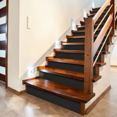 the stairs are made of wood and have carpeted treads on each one side