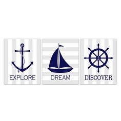 three blue and white wall art prints with sailboats, ships and the words explore discovery