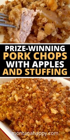 two pictures with the words prize winning pork chops with apples and stuffing on them