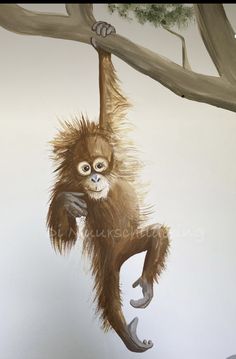 a painting of a monkey hanging from a tree branch with long hair on it's back