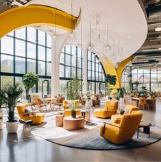 a large open room with yellow chairs and plants in the center, surrounded by tall windows