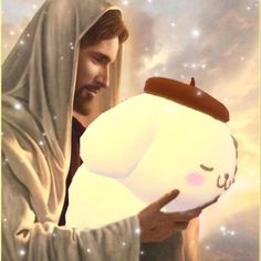 a man holding a white teddy bear in front of a sky with stars and clouds