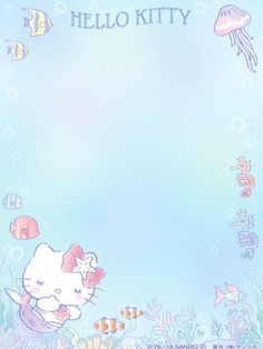 an image of hello kitty under the sea with fish and jellyfish on blue background