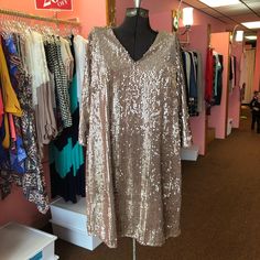 Glamorous Gold Party Dress ... *Small Hole In Neckline* Gold V-neck Midi Dress For Party, Festive Party-ready Sequin Dress For Holiday Party, Dressy V-neck Sequin Dress For Party Season, Party Season V-neck Sequin Dress, Glamorous Festive Cocktail Dress, Sequin Cocktail Dress Party Wear, Festive Sequin Dress For Night Out, Embellished V-neck Fall Dresses, Sequined Cocktail Party Dress