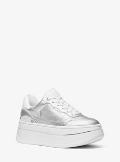 Low-top Leather Platform Sneakers With Metallic Logo, Sporty Platform Sneakers With Metallic Logo, Sporty Low-top Metallic Leather Sneakers, Low-top Platform Sneakers With Metallic Logo, Silver Platform Sneakers With Round Toe, Silver Low-top Platform Sneakers, Trendy Silver Low-top Platform Sneakers, Trendy Silver Platform Sneakers, Michael Kors Shop