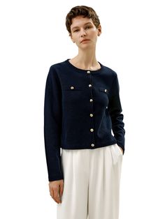 It features a round collar, two patch pockets, and gold-toned buttons embellished with the LILYSILK crest. Combining comfort and elegance, it creates a stylish, structured silhouette. Ideal for daytime or office wear, mix and match it with a jumper and skirt. 100% Merino Wool, gentle on the skin Slim silhouette Logo-engraved button closure Straight hem Nautical-style Fall Outerwear With Gold Buttons Button-up, Gold Long Sleeve Outerwear With Button Closure, Gold Outerwear With Button Closure For Fall, Classic Spring Outerwear With Gold Buttons, Classic Button-up Outerwear With Gold Buttons, Classic Outerwear With Gold Buttons, Gold Button-up Outerwear For Fall, Fall Button-up Outerwear With Gold Buttons, Classic Fall Outerwear With Gold Buttons