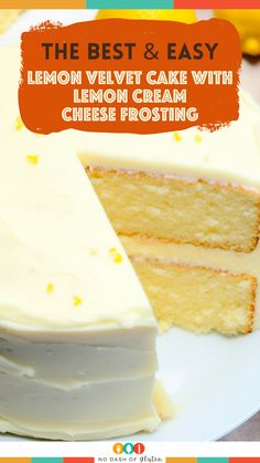 the best and easy lemon velvet cake with lemon cream cheese frosting on a white plate