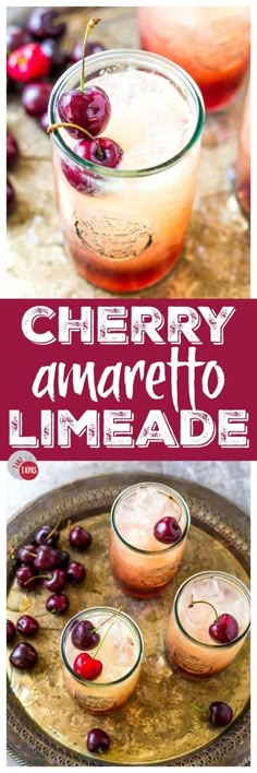 cherry amaretto limeade with cherries on the rim and in small glass bowls