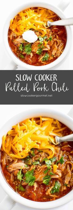 two bowls of slow cooker pulled pork chili with cheese and cilantro on the side