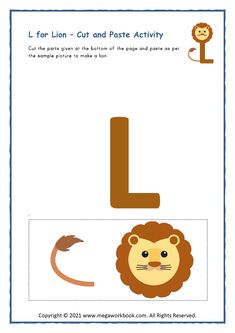 the letter l for lion cut and paste activity is shown with an image of a lion