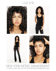 four photos of a woman with curly hair and black clothes, posing for the new york model management magazine