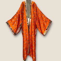 Eugenie' Kimono-Orange - La Luz Boutique Oversized Silk Bohemian Kimono, Silk Long Kimono For Loungewear, Oversized Kimono For Festivals, Spring Silk Kimono With Kimono Sleeves, Spring Oversized Shawl Kimono, Oversized Shawl Kimono For Spring, Spring Silk Long Kimono, Spring Long Silk Kimono, Long Silk Kimono For Spring