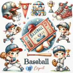 a watercolor drawing of baseball players and their equipment on a white background with the words baseball clipart