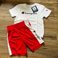 Boy Champion Set. Brand New. Shorts & Shirt Size 4 Z Casual Red Cotton Sets, Red Cotton Short Sets, Red Crew Neck Sets With Letter Print, Red Letter Print Crew Neck Set, Casual Red Shorts With Letter Print, Red Casual Shorts With Letter Print, Casual Red Crew Neck Sets, White Short Top For Playwear, Red Cotton Shorts For Playwear