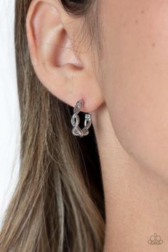 Shiny silver and studded silver curve around one another in an infinity-like pattern. The contrasting sheen of the silver curves around the ear for an incandescent hoop. Earring attaches to a standard post fitting. Hoop measures approximately 1/2" in diameter.

 Sold as one pair of hoop earrings. Dainty Hoop Earrings, Brown Bracelet, Earrings Trendy, Mixed Metal Jewelry, The Ear, Paparazzi Accessories, White Necklace, Colourful Necklace, Paparazzi Jewelry