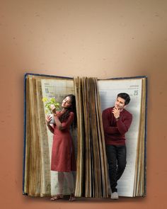 an open book with a man and woman in it, both looking at each other