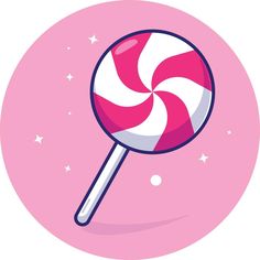 a pink and white lollipop with stars in the background