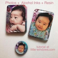 two magnets with pictures of babies on them and the words photos + alcohol links + resin