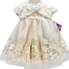 Blueberi Boulevard Child's 2-Piece Dress Size 12m Blush Gold With Embroidered Flowers, Back Bow, Beige Faux Fur Caplet. Cute Spring Or Easter Dress! Brand: Blueberi Boulevard Condition: Nwt Size: Child's 12m Color: Blush Features: Embroidered Flowers Button Back Bow Beige Faux Fur Caplet Dress Length 16 Inch Material: 100% Polyester Care: Turn Inside Out. Hand Wash Cold With Like Colors, Gentle Cycle. Do Not Bleach. Hang To Dry. Do Not Iron. Made In: China Original Price: $50.00 Tiffany's Treasu Elegant Spring Dress-up Sets, Fitted Princess Style Sets For Spring, Fitted Princess Style Spring Sets, Pink Dress-up Sets For Spring, Pink Short Sleeve Winter Dresses, Toddler Christmas Dress, White Gold Dress, Pink Sleeveless Dress, Blush Gold