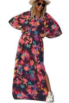 Multicolor Abstract Print V Neck Dolman High Waist Maxi Dress Oversized Multicolor Casual Maxi Dress, Casual Summer Dresses With Batwing Sleeves, Multicolor Batwing Sleeve Dress For Spring, Multicolor Batwing Sleeve Spring Dresses, Casual Pink Dress With Kimono Sleeves, Spring Beach Dresses With Batwing Sleeve, Spring Multicolor Batwing Sleeve Dress, Oversized Multicolor Batwing Sleeve Dress, Spring Batwing Sleeve Multicolor Dress