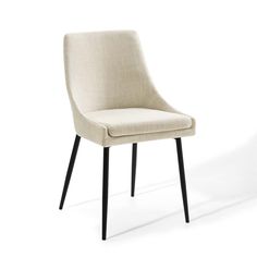 an upholstered chair with black legs and a light colored fabric seat, against a white background