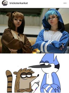 Anime Duos Cosplay, Rigby Regular Show Cosplay, Mordecai And Rigby Cosplay, Mordecai And Rigby Halloween Costume, Mordecai And Rigby Costumes, Duo Cosplay Anime, Regular Show Cosplay, Rigby Cosplay, Cartoon Cosplay Ideas