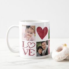 a coffee mug with two photos and a doughnut