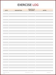 a printable exercise log is shown in the form of a blank sheet with red border