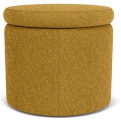 a yellow ottoman that is sitting on top of a white floor and it has a round cushion