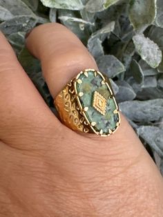 Green Goddess Band Ring with adjustable gold band.  Gold Plated Stainless Steel Big Cross, Raw Stone Ring, Cuff Ring, Green Goddess, Cuff Rings, Silver Heart Necklace, Pretty Rings, Gold Cross, Boho Rings