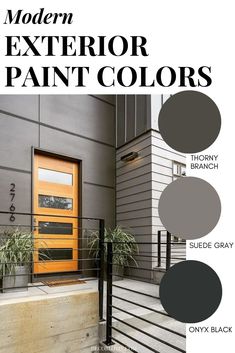 modern exterior paint colors for the front door and entryway, including grays, browns, and black