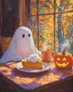 a painting of a ghost sitting at a table with a slice of pumpkin pie on it