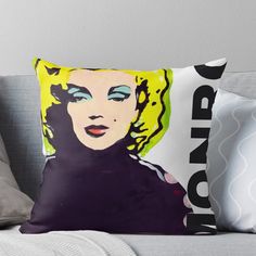 a woman's face with yellow hair and blue eyes throw pillow