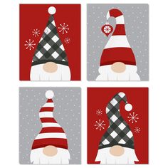 four christmas gnomes with red and white hats on their heads, one wearing a plaid hat