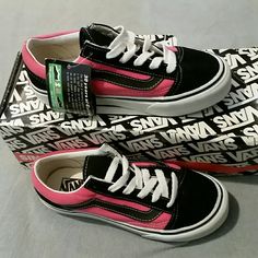 Vans Sneakers, Black And Pink. Brand New, Never Worn, Includes Box (Box Shows Some Wear). Size 5.5 Trendy Pink Skate Shoes For Skateboarding, Sporty Pink Vans Sneakers, Pink Skate Shoes For Spring Skateboarding, Pink Skate Shoes For Skateboarding In Spring, Pink Vans Lace-up Sneakers, Casual Sneakers With Pink Accents For Streetwear, Pink Lace-up Vans Sneakers, Pink Vans Skateboarding Sneakers, Pink Vans Skate Shoes