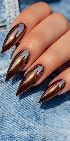 Fall Mustard Nails, Fall Copper Nails, Copper Fall Nails, Fall Nail Designs Stiletto, Golden Brown Nails, Sultry Nails, Nails 2024 Fall, Copper Chrome Nails