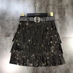 Black Sequined Fringe Mini Skirt with Belt Festival Mode, Ballerina Skirt, Khaki Tops, Tassel Skirt, Fringed Belt, Khaki Skirt, Half Skirt, Party Skirt, Fringe Skirt