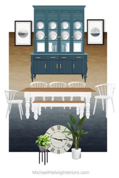 a dining room table with chairs and a clock