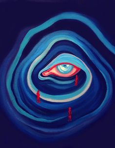 an abstract painting with people in the center and blue swirls around it, on a black background