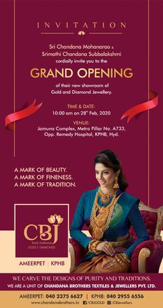 an advertisement for a grand opening event with a woman sitting on a chair in front of the