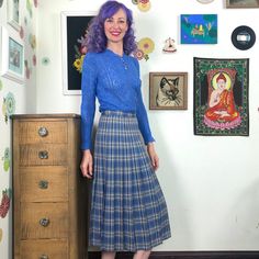 Vintage Pendleton Wool Plaid Skirt, Pleated Midi Length Skirt Size M. This is a classic pleated midi skirt by Pendleton. Steel blue with cream and gold plaid throughout. This modest schoolgirl style skirt works beautifully for academia aesthetics, preppy styles, and normcore looks. This is in excellent condition and perfect for fall. Marked size 8 and shown on a size small model. For best fit, please compare the measurements below to your own, or to the size chart of a brand that fits you well. Waist: 28"Hips: FreeWaist to hem: 31. 5"Inventory M15 Wool Plaid Skirt, Midi Skirt Blue, Wool Midi Skirt, Academia Aesthetics, Plaid Pleated Skirt, Pendleton Wool, Midi Length Skirts, Pleated Midi Skirt, Cream And Gold