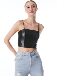 Pearle Vegan Leather Spaghetti Strap Bustier In Black | Alice And Olivia Chic Leather Crop Top, Chic Cami Tube Top With Straps, Leather Tank Top, Leather Crop Top, Black Leather Top, Spaghetti Strap Crop Top, Black Tank Dress, Spaghetti Strap Top, Alice And Olivia