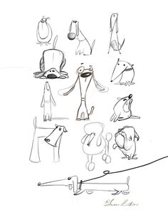 a drawing of various dogs and cats with one dog on a leash, the other in a hat