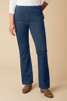 Our best-selling, soft-stretch knit denim – now even more comfortable with a pull-on waistband! Easier than ever, with the same fabulous shape retention for all-day comfort. Jeans For Older Women, Casual Dark Wash Pull-on Pants, Casual Comfort Stretch Pull-on Jeans, Fall Dark Wash Pull-on Jeans, Non-stretch Dark Wash Jeans For Everyday, High Rise Dark Wash Pull-on Jeans, Elastic Waist Jeans, Comfortable Jeans, Pull On Jeans