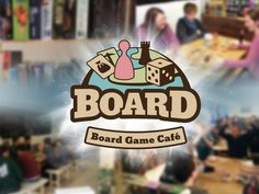 the logo for board game cafe is blurry as people sit at tables in the background