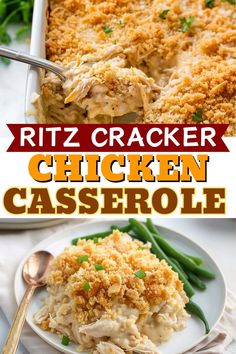 chicken casserole with green beans and parmesan crumbs on top